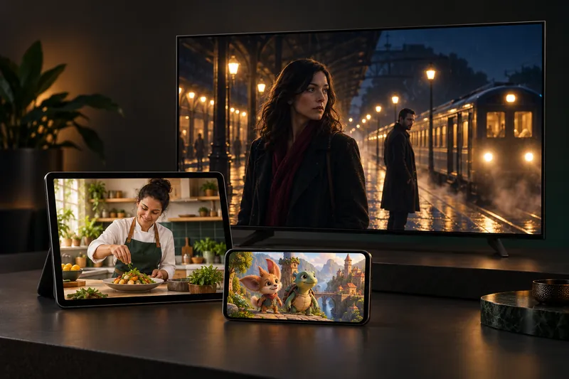 Televisión, tablet y móvil con distintas escenas de entretenimiento.