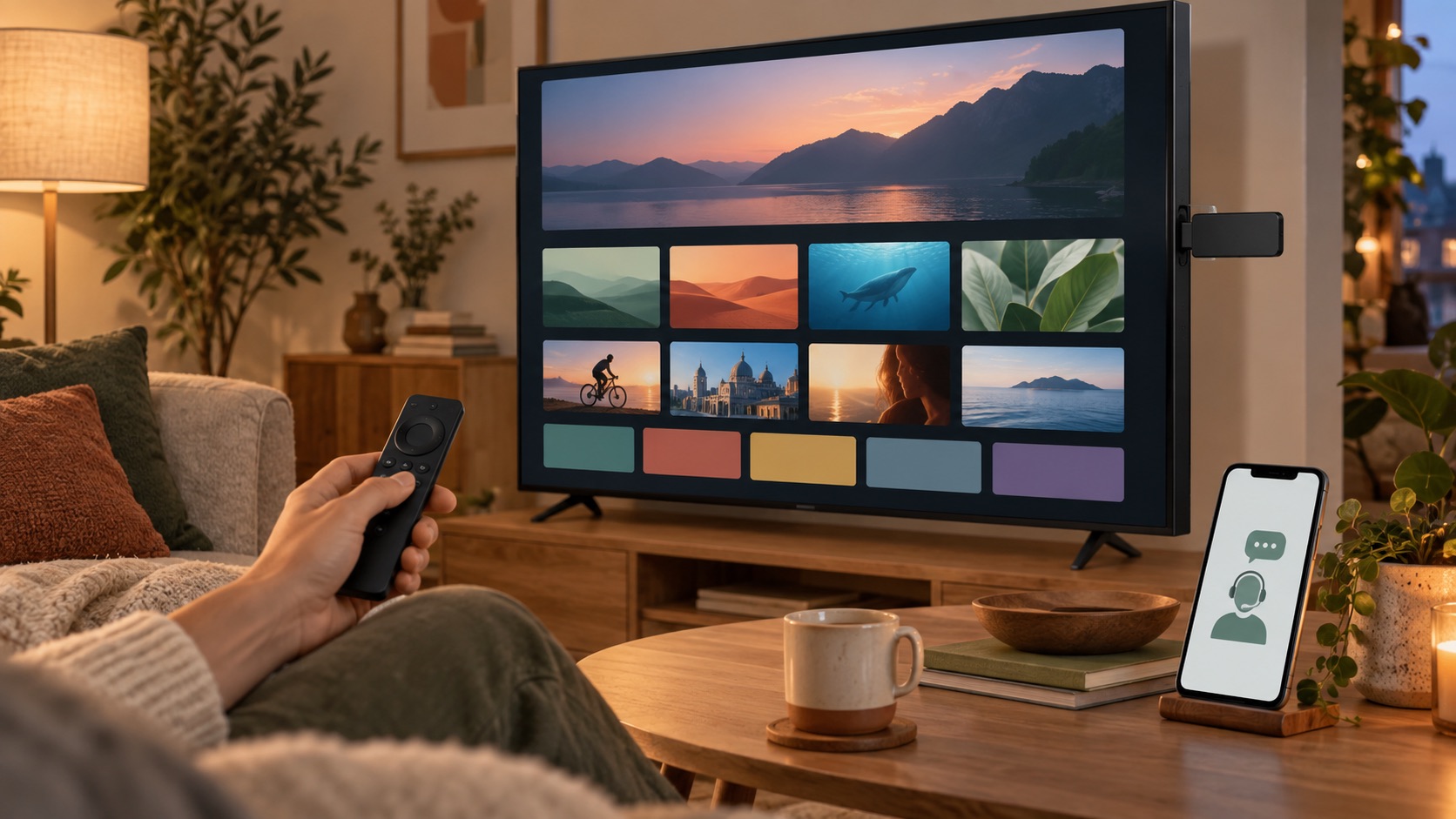 Ilustración de un Fire TV conectado al televisor y un mando durante la configuración de Luma Player